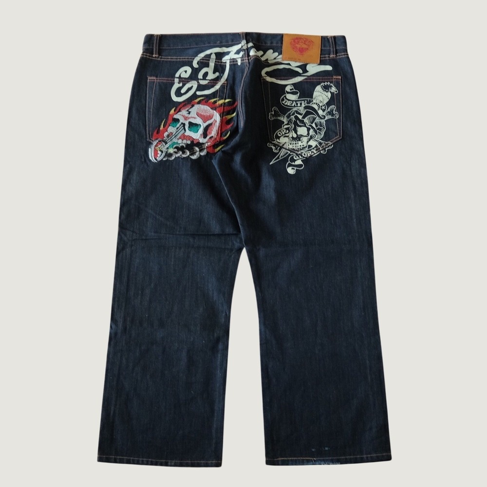 Ed Hardy Jeans Relaxed Dark Blue Embroidered Skull Flame Y2K Streetwear 42x34